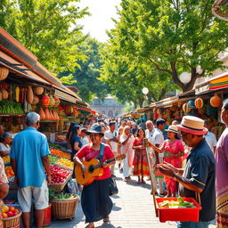 A vibrant and lively street scene in a bustling market, showcasing an array of colorful stalls filled with fresh fruits, vegetables, and local handicrafts