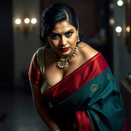 A sexy hot voluptuous milf aunty wearing a beautiful saree and a low-cut blouse, bent forward in a confident pose