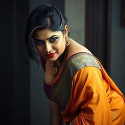 A sexy hot voluptuous milf aunty wearing a beautiful saree and a low-cut blouse, bent forward in a confident pose