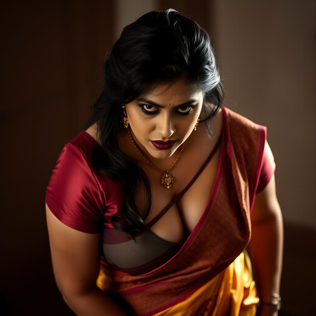 A sexy hot voluptuous milf aunty wearing a beautiful saree and a low-cut blouse, bent forward in a confident pose