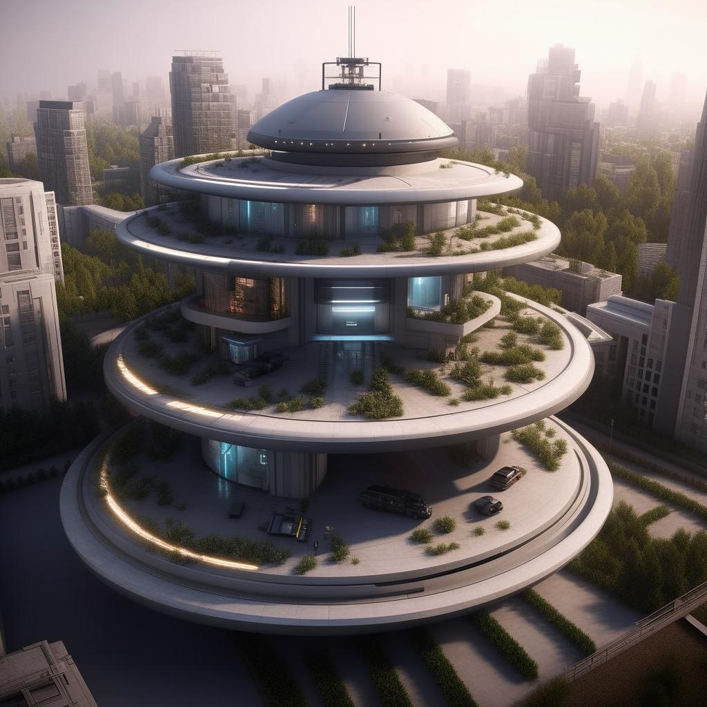 aerial view of futuristic SWAT high-rise headquarters with helipad for in city center in broad daylight based on https://files.dreamhome.software/files/static/36651