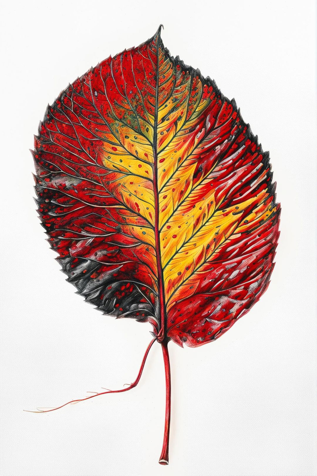 This is a high-quality pencil drawing of an autumn leaf, showcasing its unique characteristics and vibrant colors