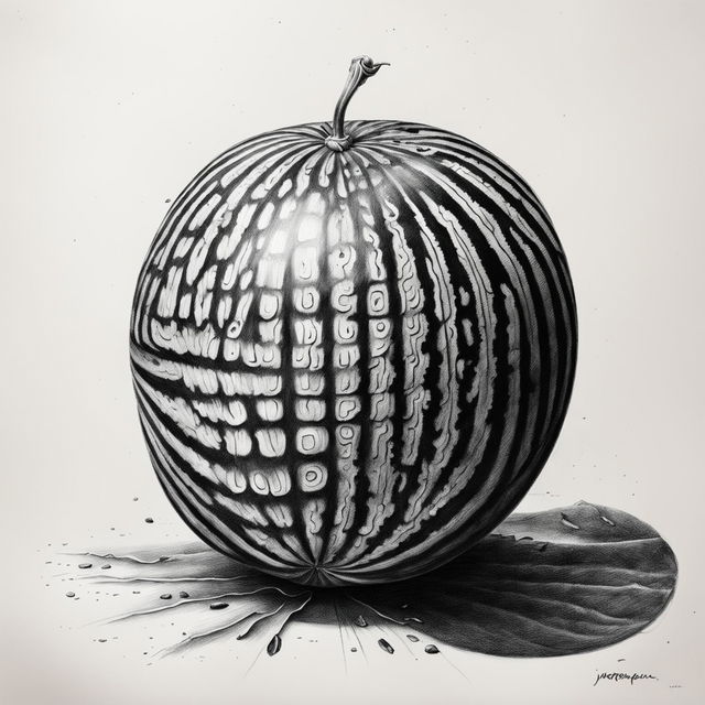 A high-quality black and white pencil drawing of a watermelon