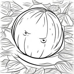 A black and white cartoon illustration, presented in the highest quality, depicts a watermelon