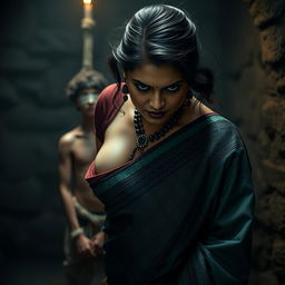 A sexy hot voluptuous milf aunty wearing a beautiful saree and a low-cut blouse, bent forward with a dominant and angry expression