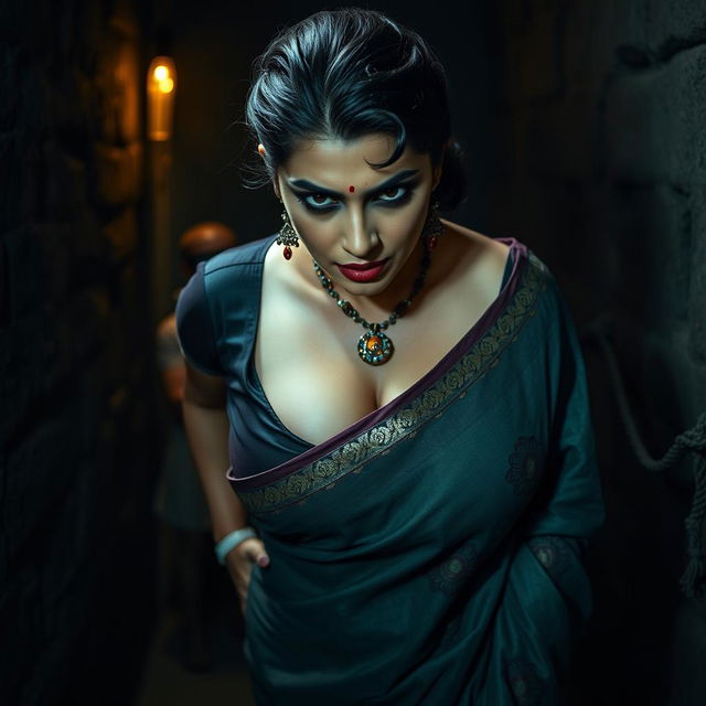 A sexy hot voluptuous milf aunty wearing a beautiful saree and a low-cut blouse, bent forward with a dominant and angry expression