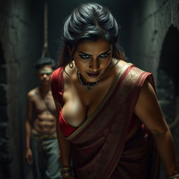 A sexy hot voluptuous milf aunty wearing a beautiful saree and a low-cut blouse, bent forward with a dominant and angry expression