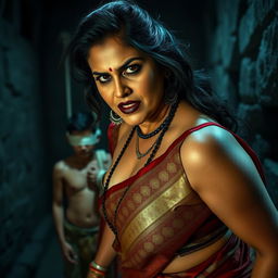 A sexy hot voluptuous milf aunty wearing a beautiful saree and a low-cut blouse, bent forward with a dominant and angry expression