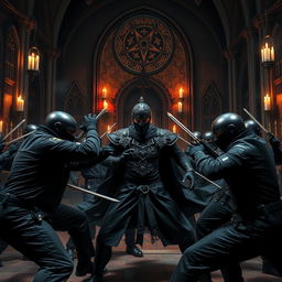 A dynamic and dramatic scene depicting a fierce fight between a group of police officers and a gang of black-clad ninjas