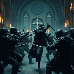 A dynamic and dramatic scene depicting a fierce fight between a group of police officers and a gang of black-clad ninjas