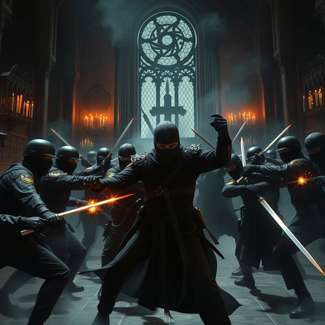 A dynamic and dramatic scene depicting a fierce fight between a group of police officers and a gang of black-clad ninjas