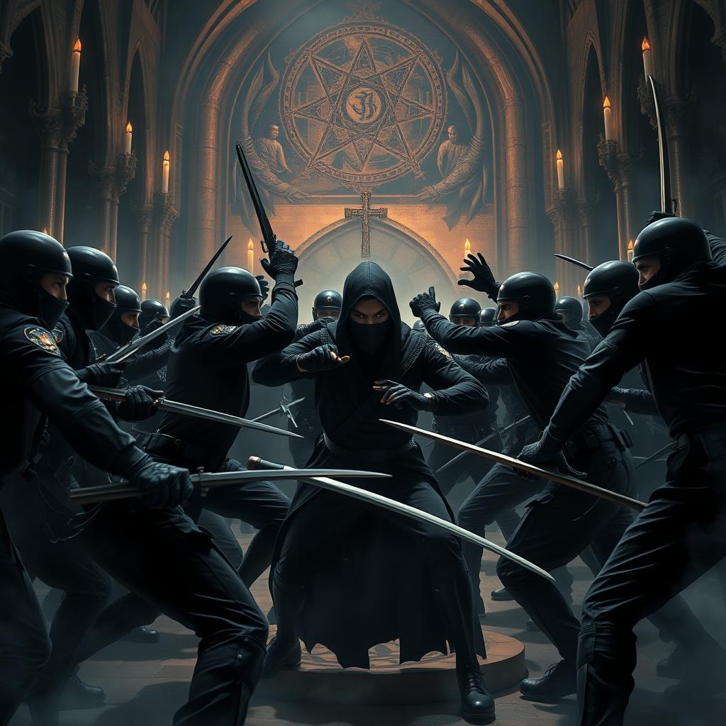A dynamic and dramatic scene depicting a fierce fight between a group of police officers and a gang of black-clad ninjas