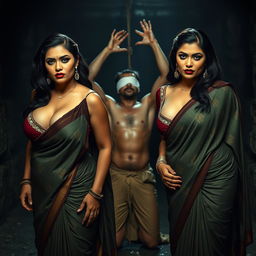 Two sexy hot voluptuous milf aunties wearing beautiful sarees and low-cut blouses, bent forward with a confident and dominant presence