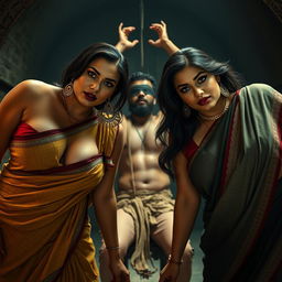 Two sexy hot voluptuous milf aunties wearing beautiful sarees and low-cut blouses, bent forward with a confident and dominant presence