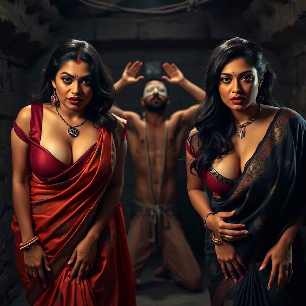 Two sexy hot voluptuous milf aunties wearing beautiful sarees and low-cut blouses, bent forward with a confident and dominant presence