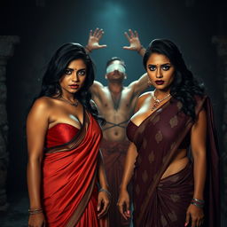 Two sexy hot voluptuous milf aunties wearing beautiful sarees and low-cut blouses, bent forward with a confident and dominant presence