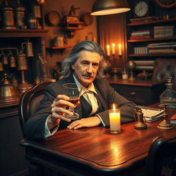 Nicola Tesla, depicted as an older man with a mustache and long hair, sitting at a lavish wooden table in a cozy, dimly lit room filled with scientific instruments and books