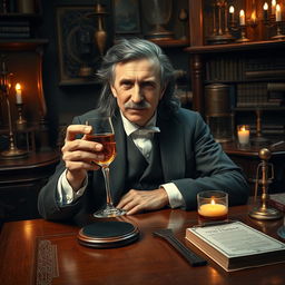 Nicola Tesla, depicted as an older man with a mustache and long hair, sitting at a lavish wooden table in a cozy, dimly lit room filled with scientific instruments and books