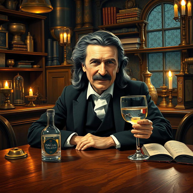 Nicola Tesla, depicted as an older man with a mustache and long hair, sitting at a lavish wooden table in a cozy, dimly lit room filled with scientific instruments and books