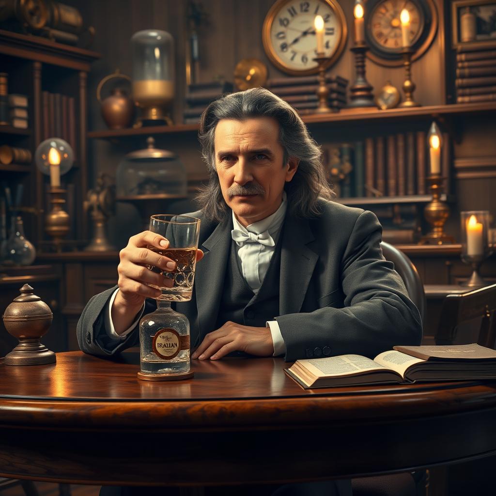 Nicola Tesla, depicted as an older man with a mustache and long hair, sitting at a lavish wooden table in a cozy, dimly lit room filled with scientific instruments and books