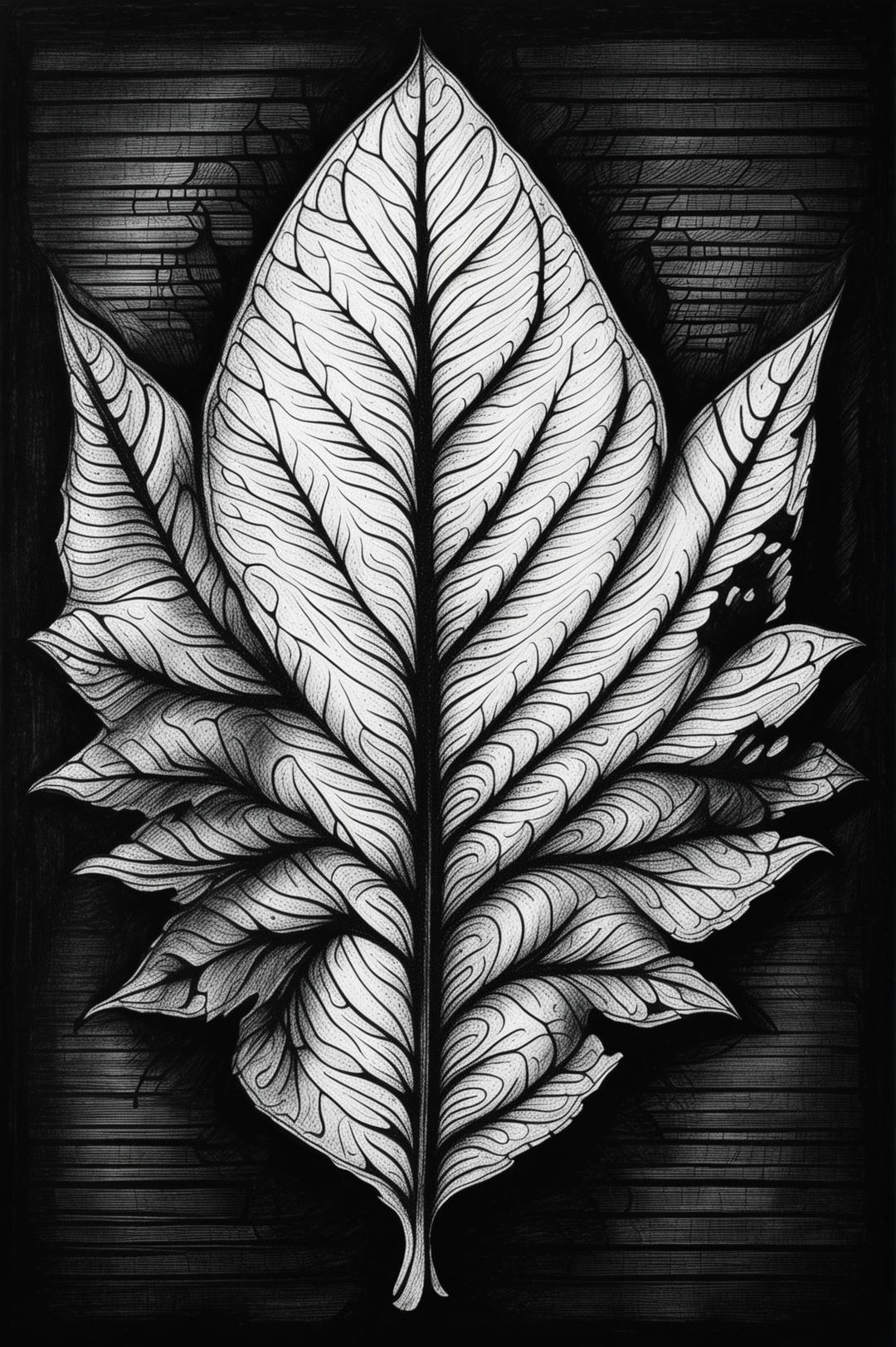 This is a high-quality pencil drawing of a symmetrical, abstract leaf on lined paper