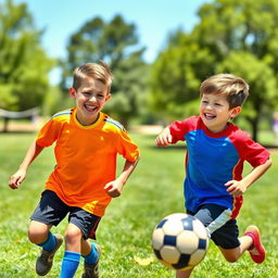 Two boys engaging in a joyful activity, playing soccer in a sunny park, dressed in colorful sports jerseys, laughing and running on the green grass, with a clear blue sky and trees in the background, capturing their enthusiasm and energy