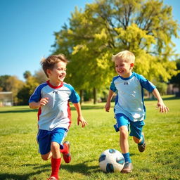 Two boys engaging in a joyful activity, playing soccer in a sunny park, dressed in colorful sports jerseys, laughing and running on the green grass, with a clear blue sky and trees in the background, capturing their enthusiasm and energy
