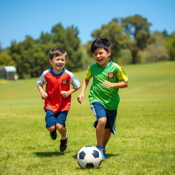Two boys engaging in a joyful activity, playing soccer in a sunny park, dressed in colorful sports jerseys, laughing and running on the green grass, with a clear blue sky and trees in the background, capturing their enthusiasm and energy