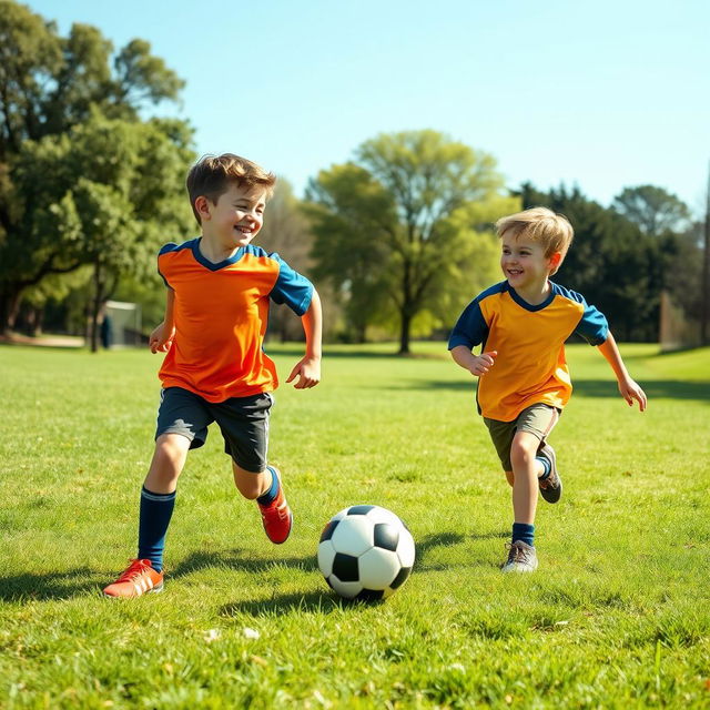 Two boys engaging in a joyful activity, playing soccer in a sunny park, dressed in colorful sports jerseys, laughing and running on the green grass, with a clear blue sky and trees in the background, capturing their enthusiasm and energy