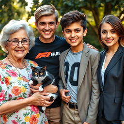 A family portrait featuring a grandma with a floral dress adorned with colorful flowers, radiating warmth and love