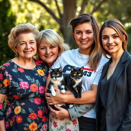 A family portrait featuring a grandma with a floral dress adorned with colorful flowers, radiating warmth and love