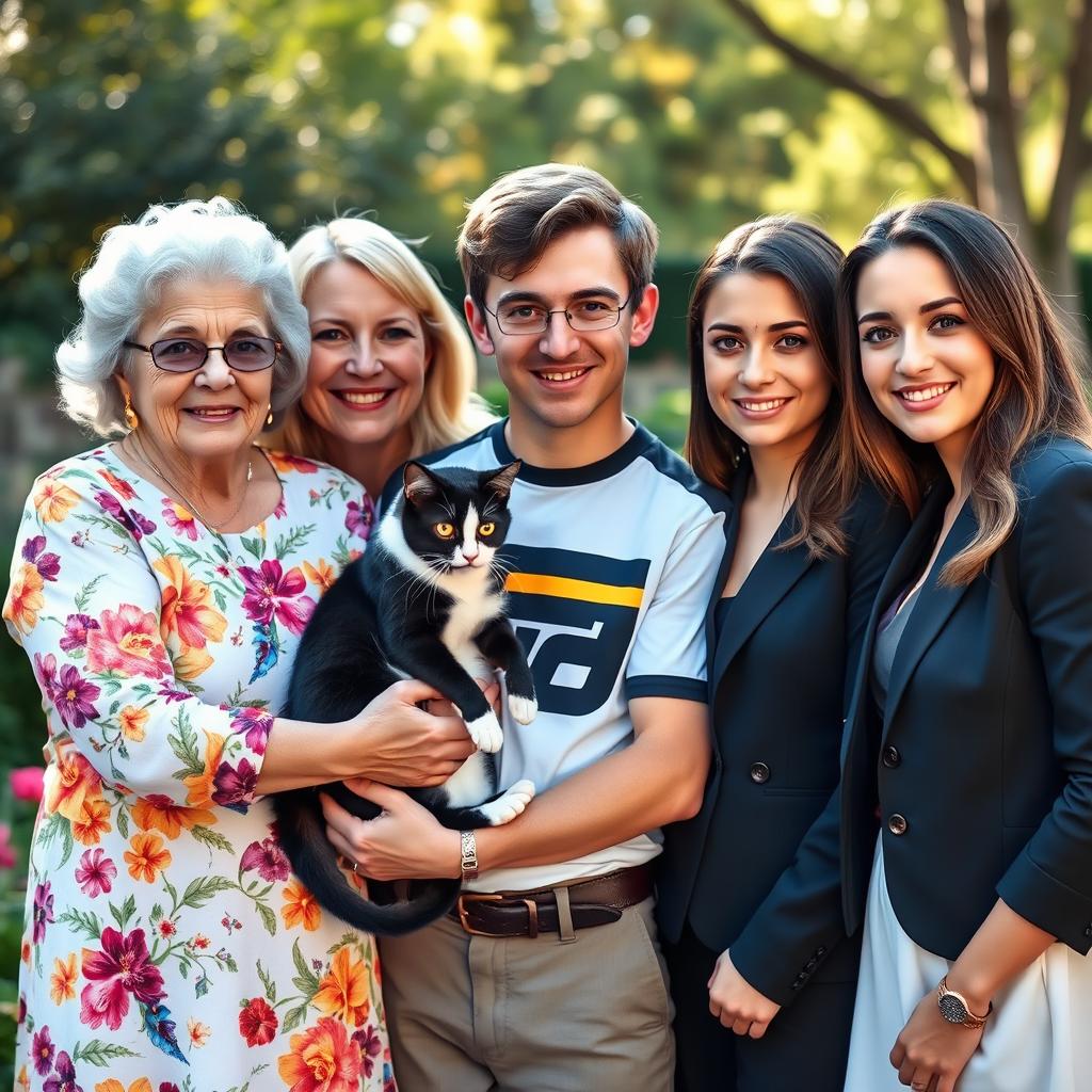 A family portrait featuring a grandma with a floral dress adorned with colorful flowers, radiating warmth and love