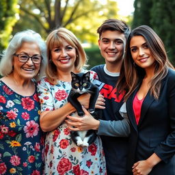 A family portrait featuring a grandma with a floral dress adorned with colorful flowers, radiating warmth and love