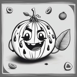 A detailed, high-quality, black and white cartoon illustration of a watermelon