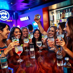 A vibrant scene featuring a group of friends enjoying a night out at a stylish bar