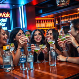 A vibrant scene featuring a group of friends enjoying a night out at a stylish bar