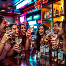 A vibrant scene featuring a group of friends enjoying a night out at a stylish bar