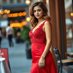 A classy young woman wearing a stunning red dress that flows elegantly, with intricate details such as lace and sequins