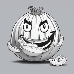 A detailed, high-quality, black and white cartoon illustration of a watermelon