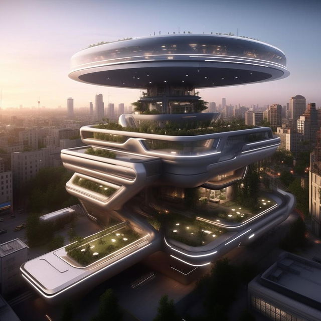 aerial view of futuristic SWAT high-rise headquarters with helipad for in city center in broad daylight based on https://files.dreamhome.software/files/static/36651