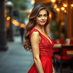 A classy young woman wearing a stunning red dress that flows elegantly, with intricate details such as lace and sequins