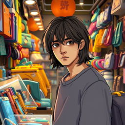 An artistic interpretation of a person contemplating a purchase in a vibrant store