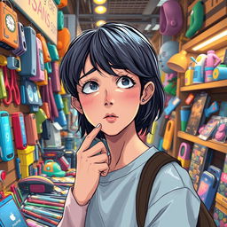 An artistic interpretation of a person contemplating a purchase in a vibrant store