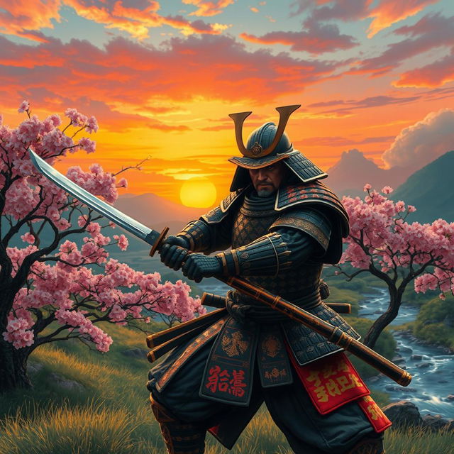 A dynamic scene featuring a fierce samurai in battle armor, wielding a traditional katana, poised for action