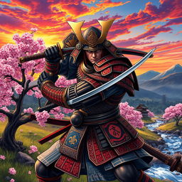 A dynamic scene featuring a fierce samurai in battle armor, wielding a traditional katana, poised for action