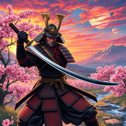 A dynamic scene featuring a fierce samurai in battle armor, wielding a traditional katana, poised for action