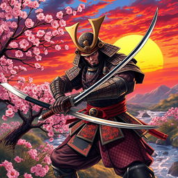 A dynamic scene featuring a fierce samurai in battle armor, wielding a traditional katana, poised for action