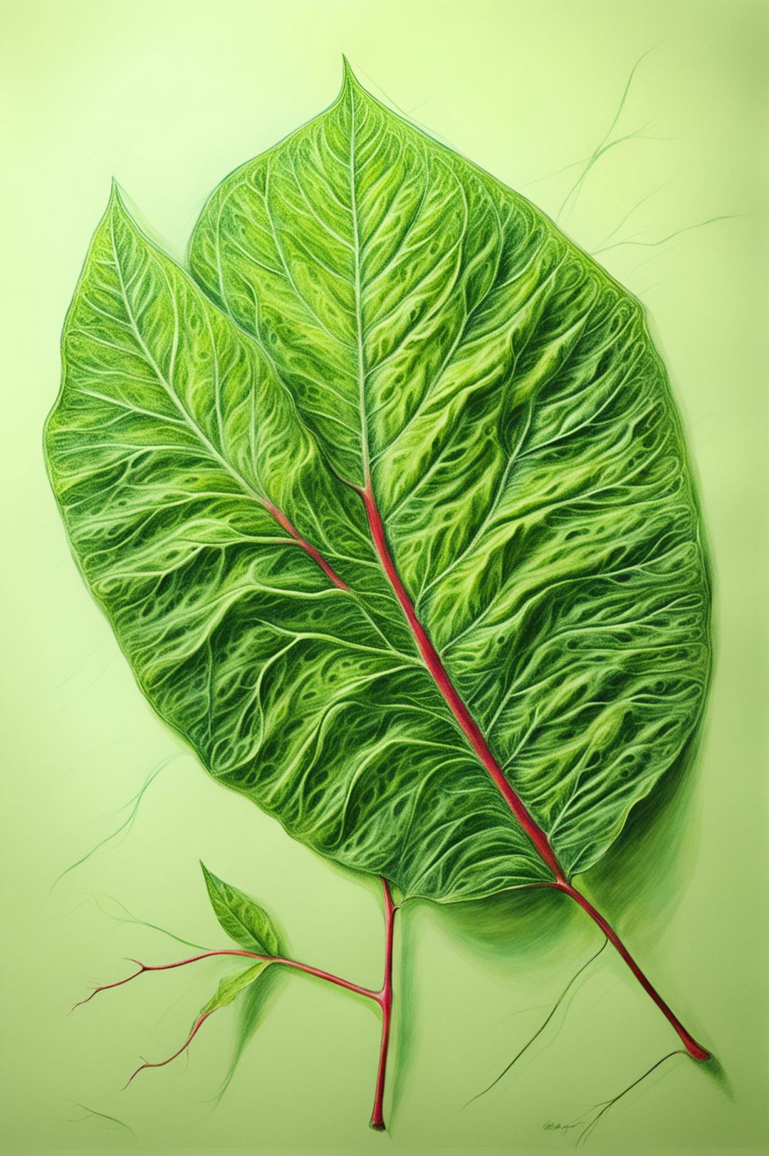 A leaf rendered in soft pastel tones of green on high-quality, textured paper