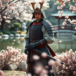 A majestic samurai standing in a serene Japanese garden, dressed in traditional armor with intricate patterns