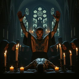A dark and atmospheric scene inside a gothic satanic church, featuring a group of charismatic, mysterious individuals dressed in black robes, their faces partially hidden in shadows, gathered around an altar